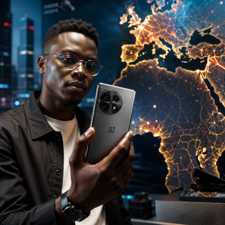 OnePlus quitte l'Europe : pourquoi la marque s'efface et ce que cela change pour l'Afrique 61 Jeune utilisateur africain tenant un smartphone OnePlus devant une carte stylisée de l'Europe et de l'Afrique, illustrant le retrait de la marque des marchés européens et nord-américains et ses conséquences pour l'Afrique.