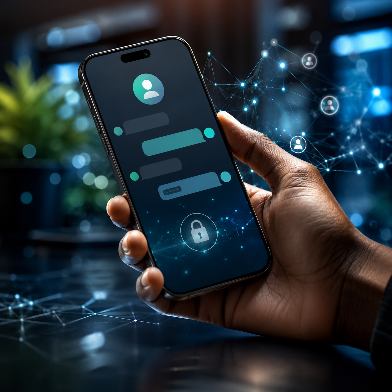 Smartphone affichant une interface de messagerie moderne symbolisant les futurs noms d'utilisateur de WhatsApp et la protection de la confidentialité sans partager son numéro de téléphone.