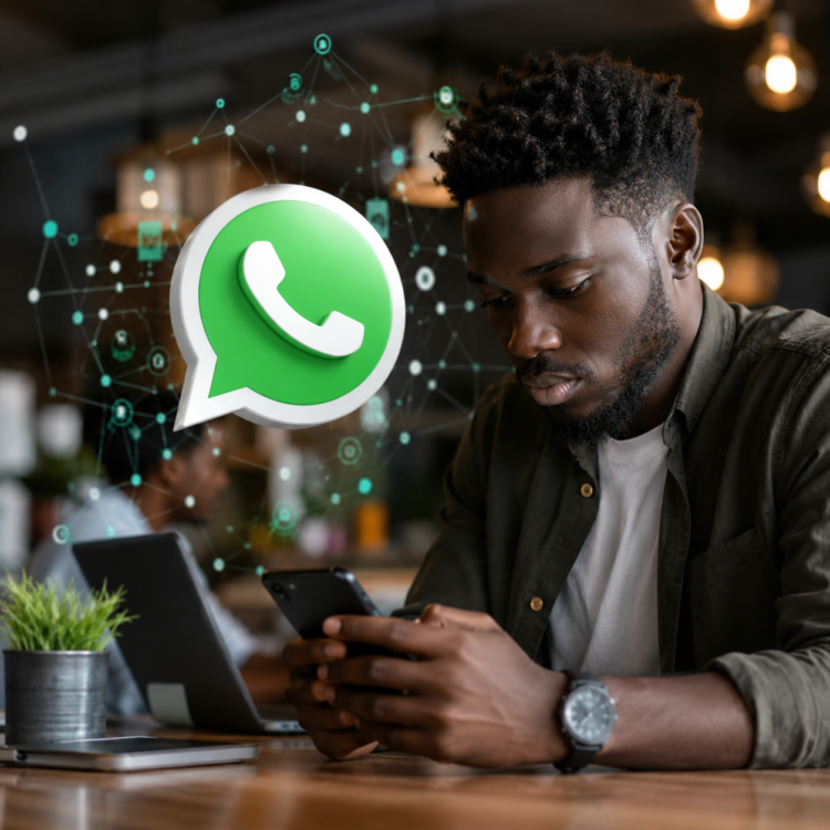 Un jeune Africain utilise WhatsApp sur son smartphone, illustrant l'arrivée des noms d'utilisateur permettant de communiquer sans partager son numéro de téléphone.