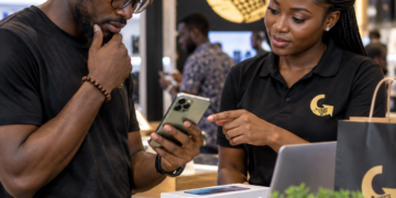 Client africain examinant un smartphone avec une conseillère dans une boutique Glotelho au Cameroun