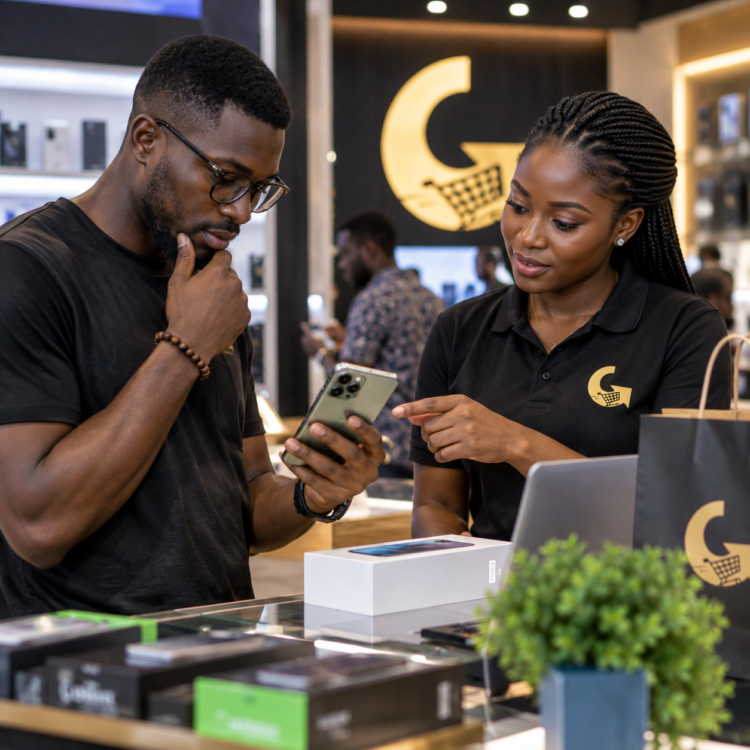 Client africain examinant un smartphone avec une conseillère dans une boutique Glotelho au Cameroun