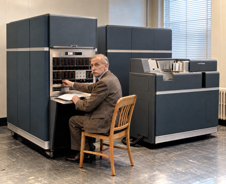 Jacques Perret assis devant un ordinateur IBM 650 dans une salle informatique des années 1950