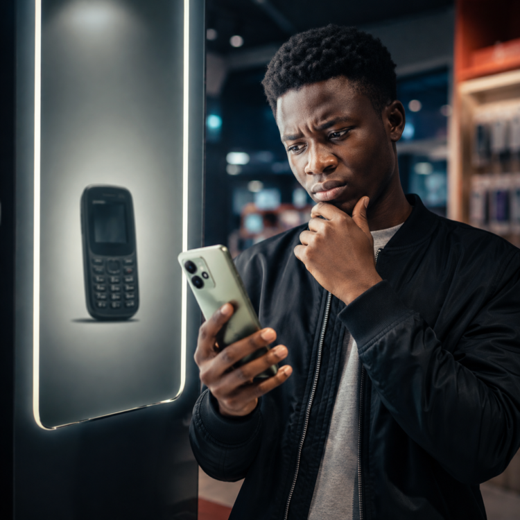 Un consommateur africain hésite devant un smartphone itel moderne