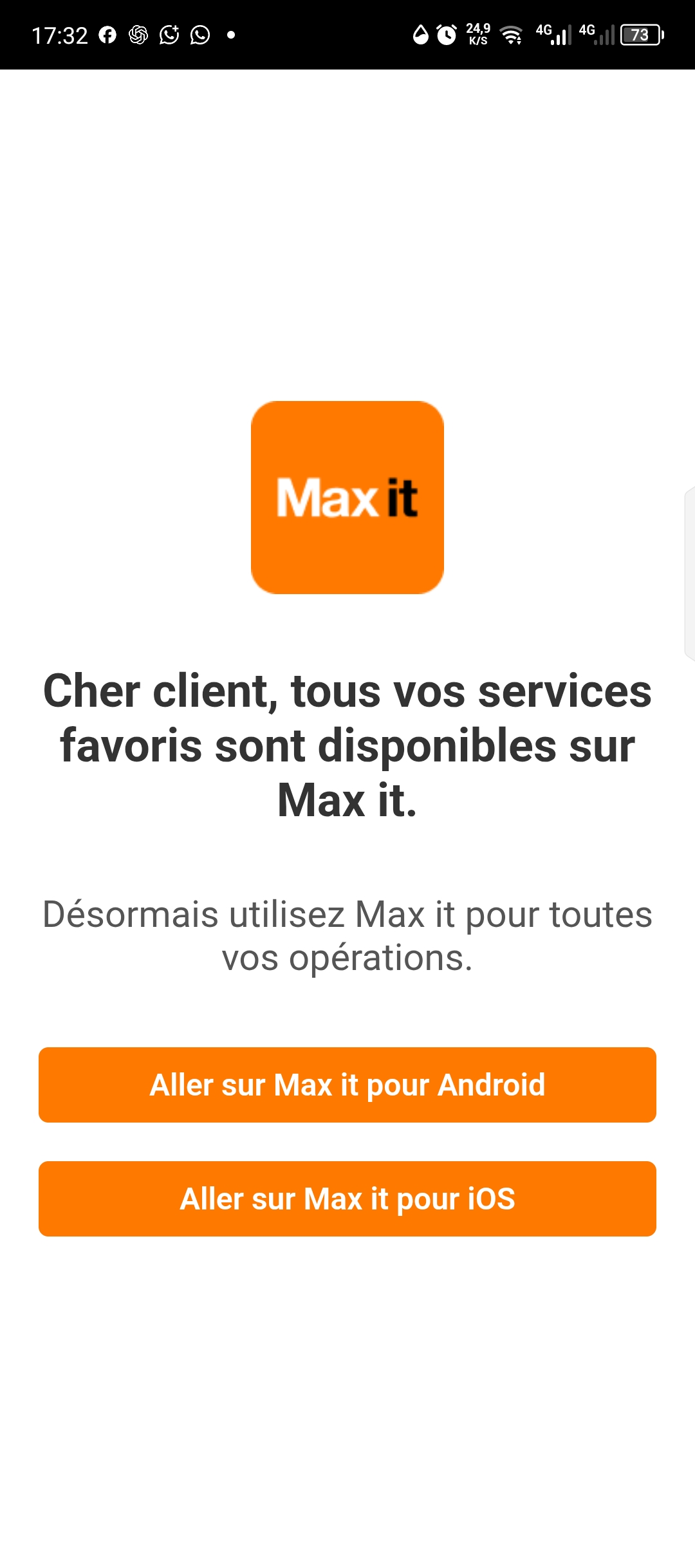 Message d’Orange annonçant la disponibilité des services sur l’application Max it