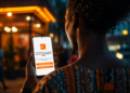 Une utilisatrice africaine consulte Max it sur son smartphone dans une rue urbaine