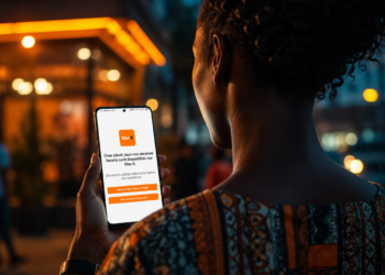 Une utilisatrice africaine consulte Max it sur son smartphone dans une rue urbaine