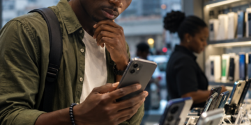 Smartphones : pourquoi les prix flambent au Cameroun ? 1 Un jeune Africain compare un smartphone dans une boutique alors que les prix augmentent au Cameroun en 2026.