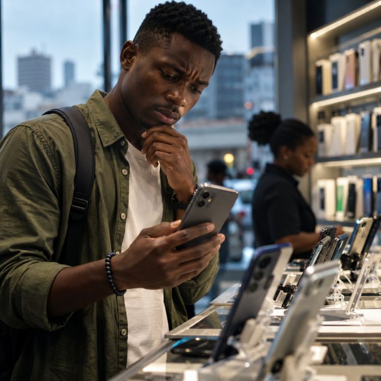 Un jeune Africain compare un smartphone dans une boutique alors que les prix augmentent au Cameroun en 2026.