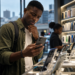 Un jeune Africain compare un smartphone dans une boutique alors que les prix augmentent au Cameroun en 2026.