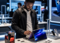 Un visiteur africain découvre les innovations TECNO, dont un ordinateur convertible et des appareils modulaires, dans un showroom technologique