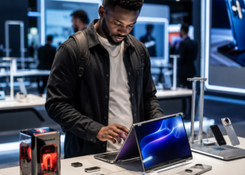 Un visiteur africain découvre les innovations TECNO, dont un ordinateur convertible et des appareils modulaires, dans un showroom technologique