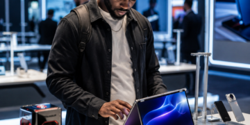 Un visiteur africain découvre les innovations TECNO, dont un ordinateur convertible et des appareils modulaires, dans un showroom technologique