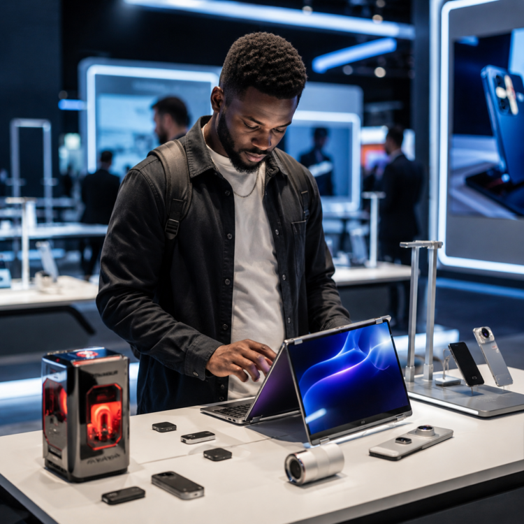 Un visiteur africain découvre les innovations TECNO, dont un ordinateur convertible et des appareils modulaires, dans un showroom technologique