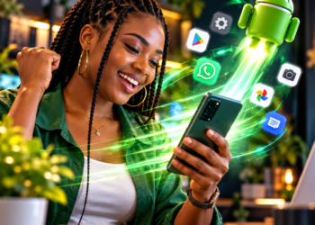 Femme africaine utilisant un smartphone Android lent et cherchant à améliorer sa réactivité