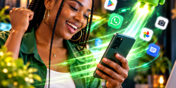 Femme africaine utilisant un smartphone Android lent et cherchant à améliorer sa réactivité