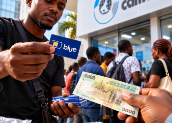 Un client tend un billet de 5 000 FCFA pour acheter une carte SIM Blue devant une agence CAMTEL à Yaoundé.