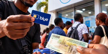 Un client tend un billet de 5 000 FCFA pour acheter une carte SIM Blue devant une agence CAMTEL à Yaoundé.