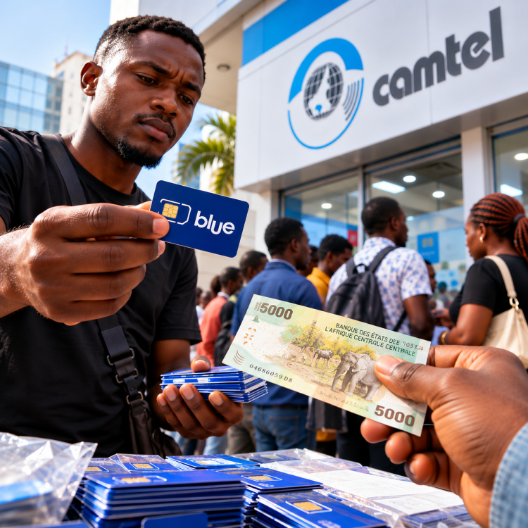 Un client tend un billet de 5 000 FCFA pour acheter une carte SIM Blue devant une agence CAMTEL à Yaoundé.