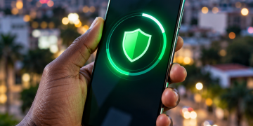 Smartphone Android tenu par une main noire, affichant un bouclier vert symbolisant la protection des données et les mises à jour de sécurité, sur fond urbain flouté.