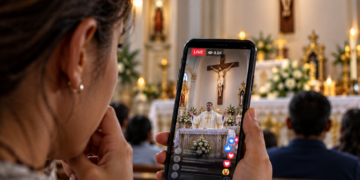 Une fidèle filme une messe catholique avec son smartphone dans une église en Équateur, illustrant la diffusion des vidéos en direct sur les réseaux sociaux.