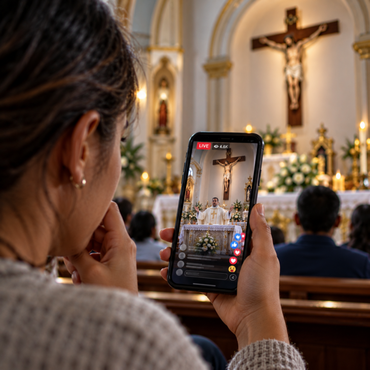 Une fidèle filme une messe catholique avec son smartphone dans une église en Équateur, illustrant la diffusion des vidéos en direct sur les réseaux sociaux.