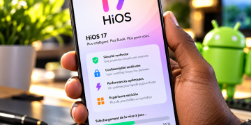 TECNO Camon 50 Pro : ce que l’on sait d’Android 17 au Cameroun 11 Smartphone TECNO Camon 50 Pro affichant l’interface HiOS 17 et une progression de mise à jour sur fond de studio technologique.