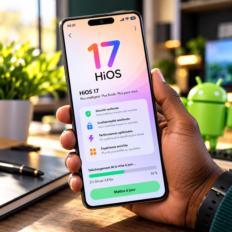 Smartphone TECNO Camon 50 Pro affichant l’interface HiOS 17 et une progression de mise à jour sur fond de studio technologique.
