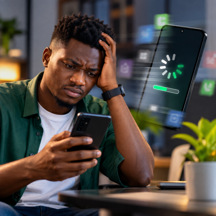 Un jeune homme africain utilise un smartphone Android lent affichant un chargement prolongé